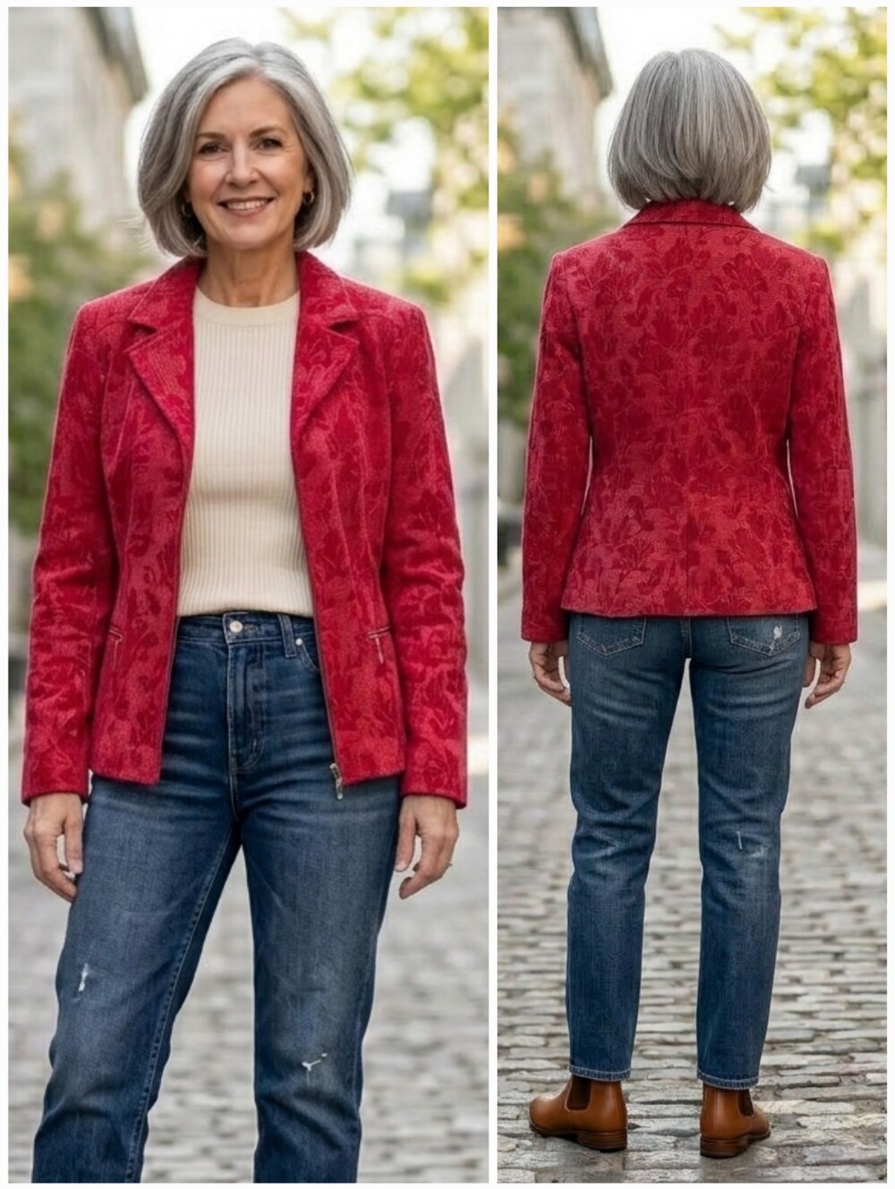 TanJay 16P Floral Jacquard Red Corduroy Blazer Contemporary Vampy 90s Fall